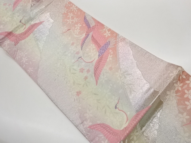 鶴に花々模様織出し袋帯